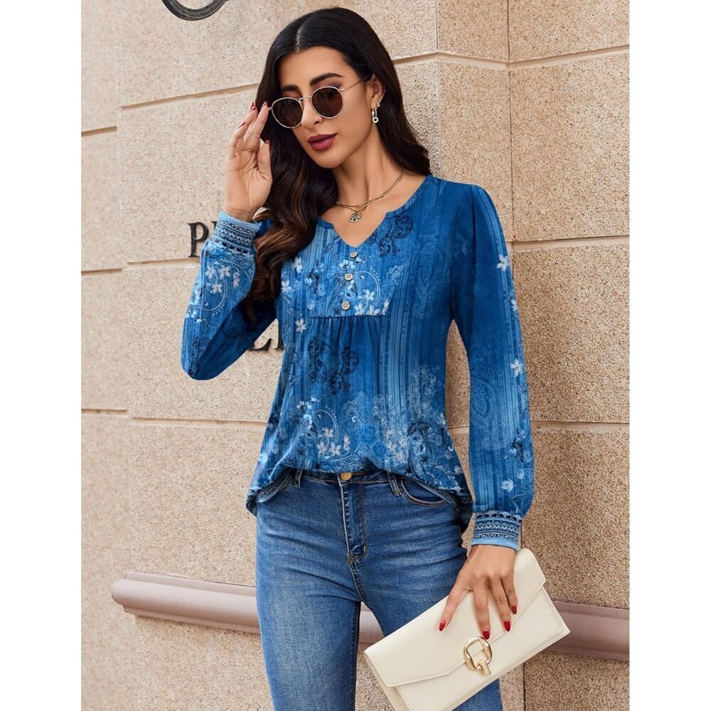Long Sleeve Shirt for Women Polyester Spandex Floral V Neck Casual Top - Picture 3 of 6